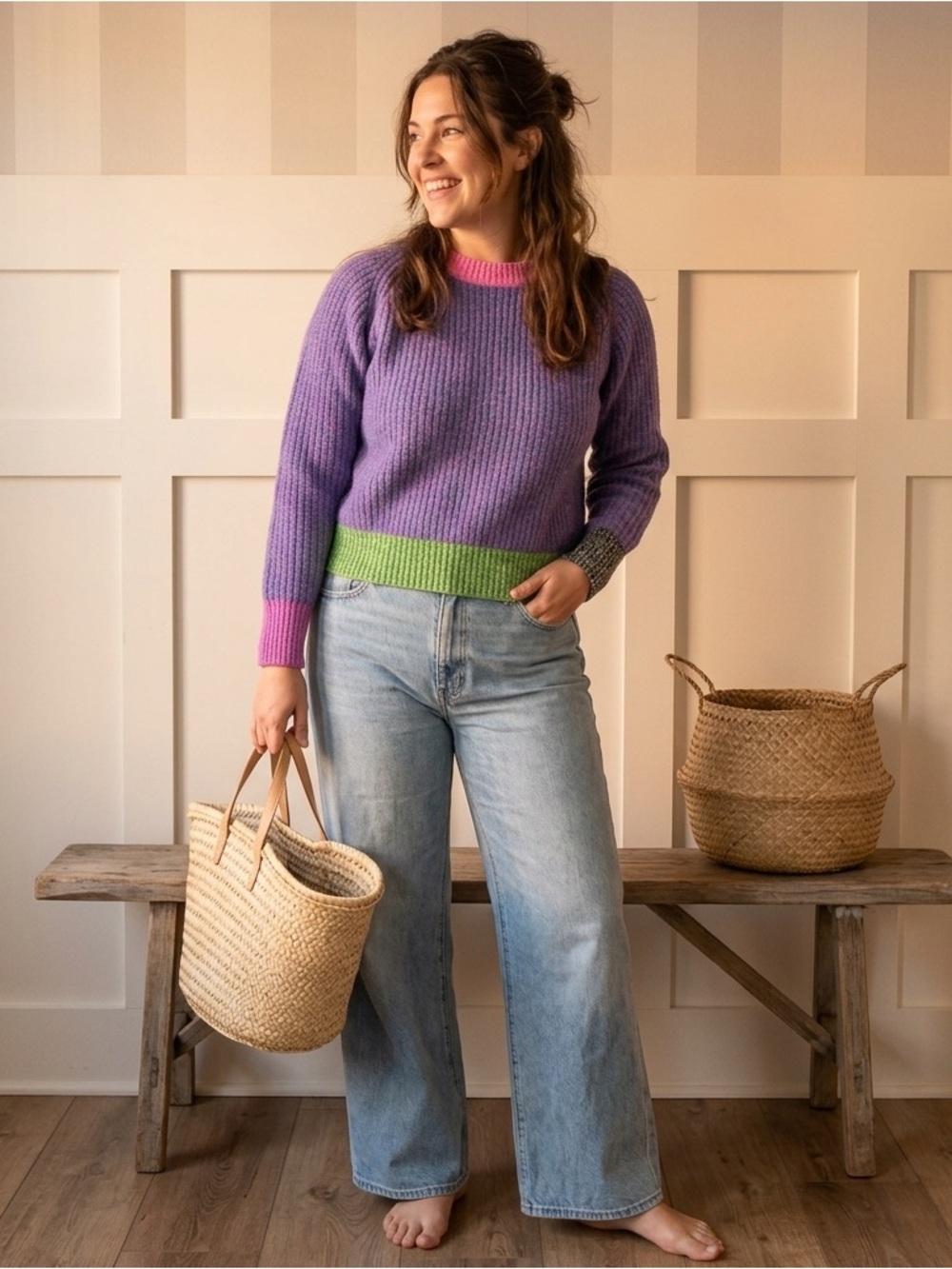Mara Hoffman Andi Pullover Purple Sweater with Pink Crewneck Trim XXS